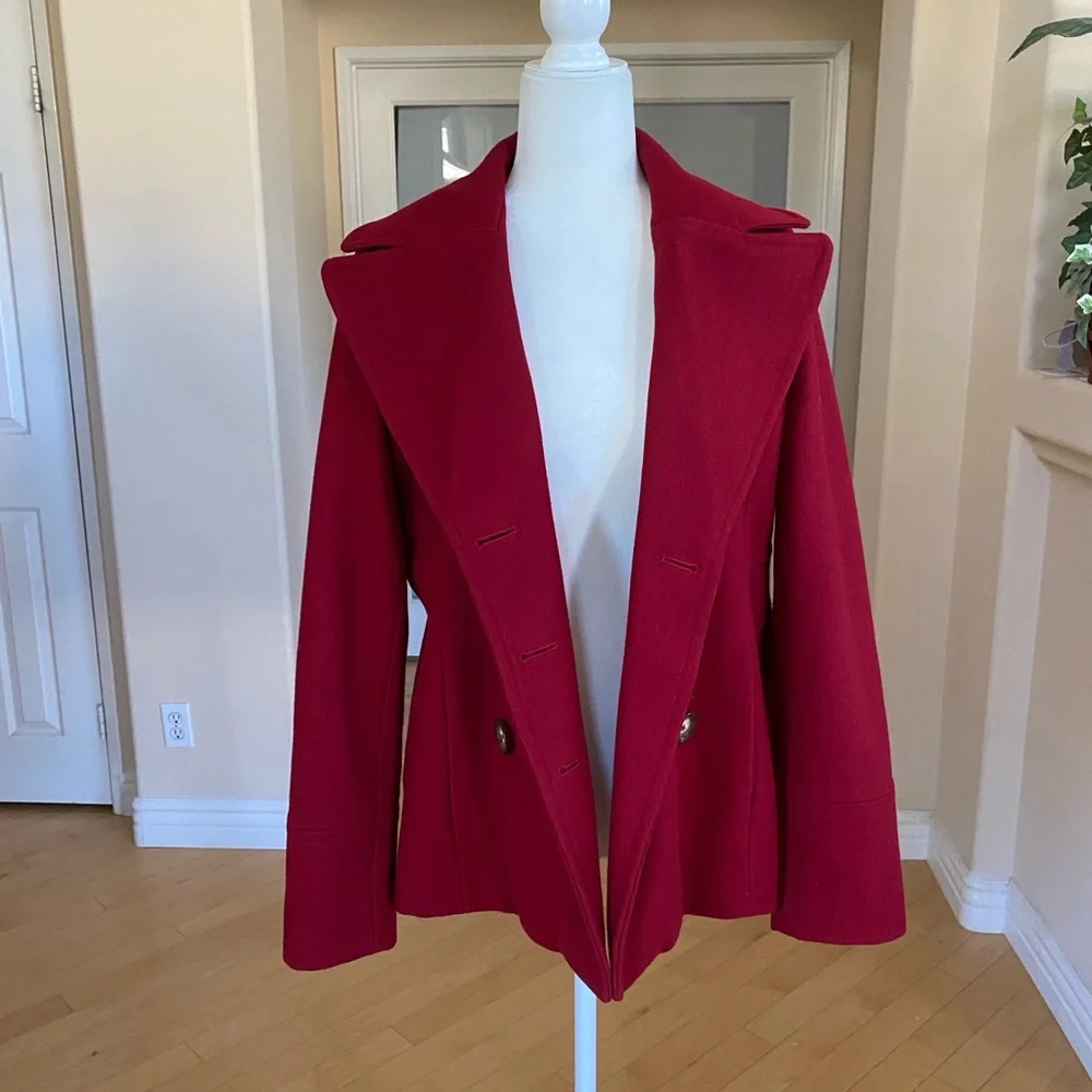 Michael Kors Wool Blend Double Breasted Burgandy Red Pea Coat with Logo Buttons